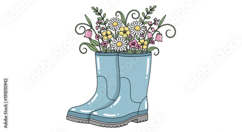Blue Rain Boots with Flowers Inside.