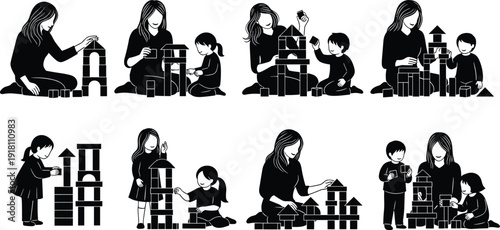 Vector silhouette set of mothers and children playing with building blocks, early childhood development education, family bonding, creative learning icons.