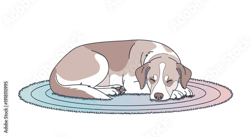 Sleeping Dog on Colored Circular Rug.