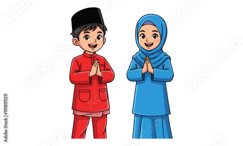 Muslim Boy and Girl in Traditional Malay Clothes Greeting