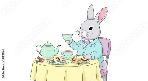 Rabbit Enjoying Tea and Sweets at Table.