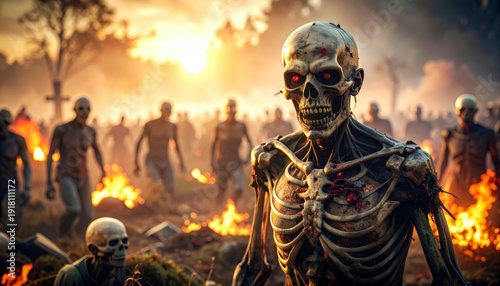 Sinister skeletal horde emerges amidst fiery inferno apocalypse landscape