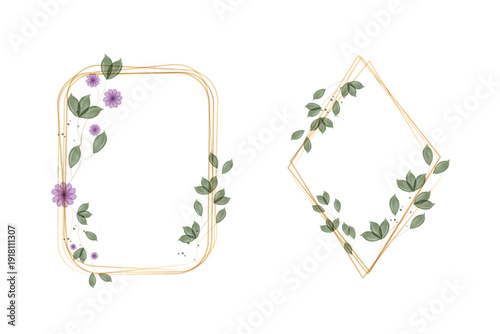 Two elegant watercolor frames are shown on a white background. A rounded golden rectangle frame features delicate green leaves and small purple flowers.