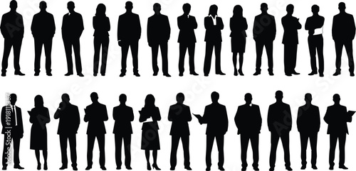 Silhouettes of twenty-four professionals in business attire standing in rows representing teamwork, corporate diversity, and organizational vector design content