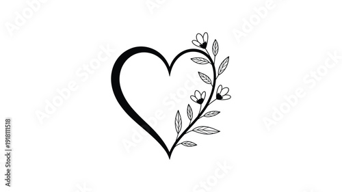 Keywords: Black outline heart shape adorned with delicate floral vine and leaves love