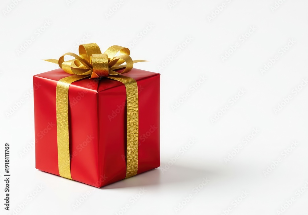 Fototapeta premium A luxurious red gift box wrapped with a shiny gold ribbon, placed neatly on a clean white surface, symbolizing celebration and surprise ,giftbox ,gift ,isolated
