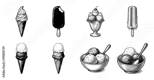 Vintage engraving style ice cream collection featuring waffle cones, popsicles, sundae glass, and bowls of scoops in a hand drawn woodcut aesthetic.