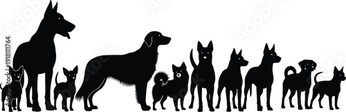 Diverse Dog Breeds Silhouette Collection, Black Canine Vector Set, Group of Different Purebred Dogs, Standing Pet Animals Silhouette, Minimalist Illustration