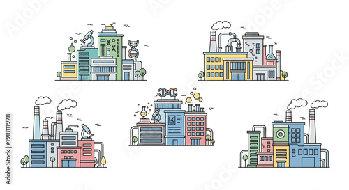 Colorful Industrial Factory Buildings with Smokestacks.