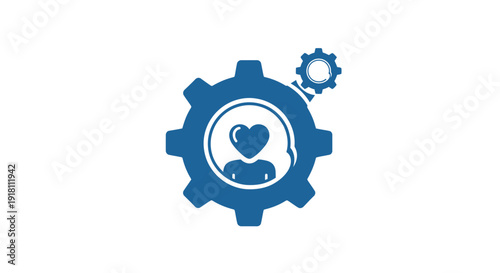 Blue Gear Icon with Heart Symbol Inside.