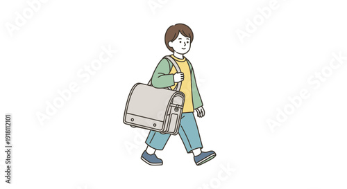 Young Man Walking with Suitcase and Backpack.