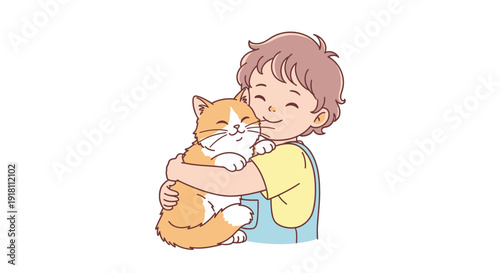 Child Hugging Cat Illustration.