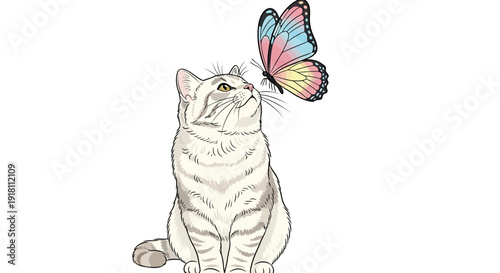 White Cat Looking at Colorful Butterfly.