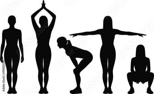 Silhouette of five human figures in different standing and squatting poses vector illustration, exercise yoga dance movement concept isolated background