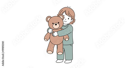Woman Hugging Cartoon Teddy Bear Illustration.