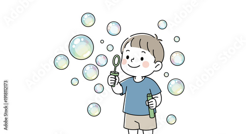 Young Boy Blowing Bubbles with Wand.