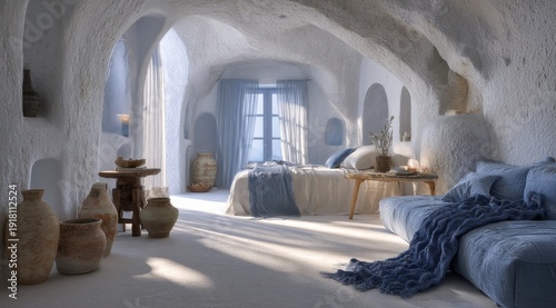 A serene, cave-like interior with natural light and minimalist decor