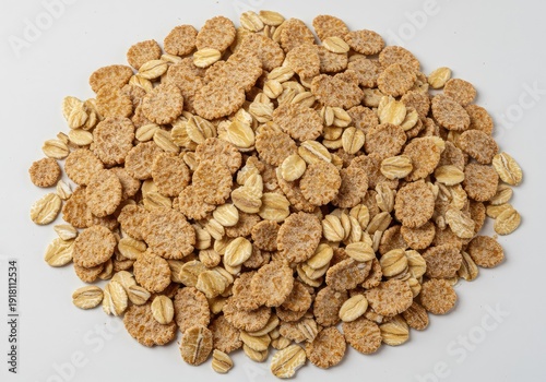 A close-up view of dry, unprocessed oat bran flakes piled high, emphasizing texture and natural dietary fiber for a healthy breakfast ingredient ,raw ,organic ,healthy
