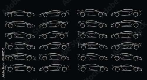 Large collection of white sports car outline silhouettes vector set on black background for automotive design and racing branding