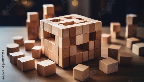 Naklejka wood puzzle blocks forming a cube showing problem solving logic and challenge in educational games
