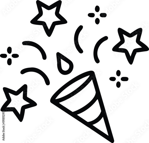 A minimalist vector graphic of a party popper with stars and confetti