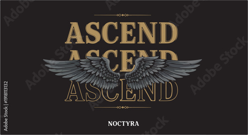 Ascend typography design with grey wings and gold text vector illustration