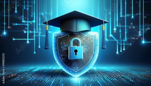 cybersecurity education graduation cap on shield with lock digital security data protection cybersecurity education
