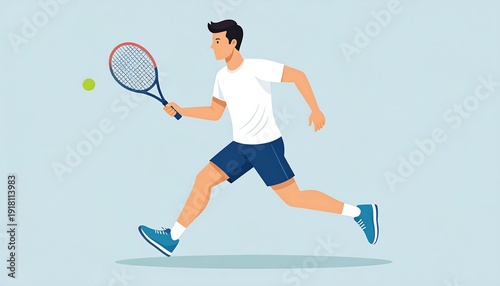 Cartoon athlete in motion, chasing a tennis ball, racket up, ready to strike in a casual tennis match