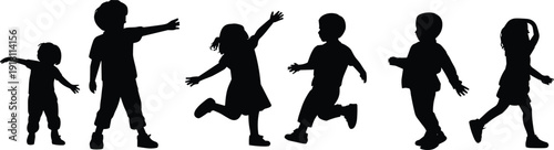 Silhouette of six playful children in dynamic poses vector illustration, joyful childhood activity dance running jumping concept isolated on white background