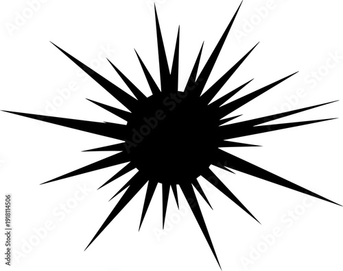 Stylized black sun silhouette with wavy rays, minimalist solar celestial symbol isolated on white background.