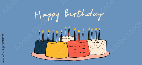 Birthday cake with ten candles and happy birthday text. Illustrated birthday cake with ten lit candles and Happy Birthday message on blue background