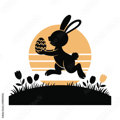 Easter bunny silhouette holding decorated egg sunset background spring holiday vector illustration design