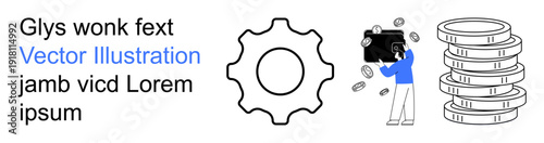 Business management, financial technology, income growth, investment strategies, industrial development, savings. Gear cogwheel, coin stacks and person holding coins. Financial technology and income