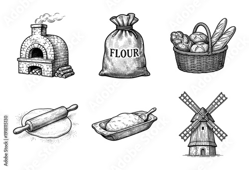Set of vintage bakery and bread production woodcut illustrations including oven, flour sack, windmill, and fresh loaves in a basket.
