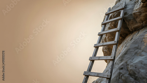 Wooden ladder leaning against rocky cliff, symbolizing growth and startup risk