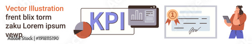 Performance metrics, business analysis, certification, data visualization, productivity tracking, training tools. Charts, certificate KPI text and a person holding a tablet. Business analysis