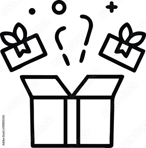 A minimalist vector graphic of an open box with gifts and surprise elements