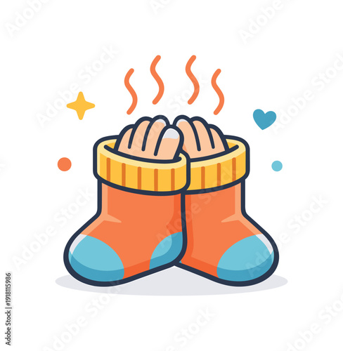 Daily habit of keeping hands warm and comfortable in cooler indoor environments, a pair of socks paired with gentle heat lines symbolizing coziness