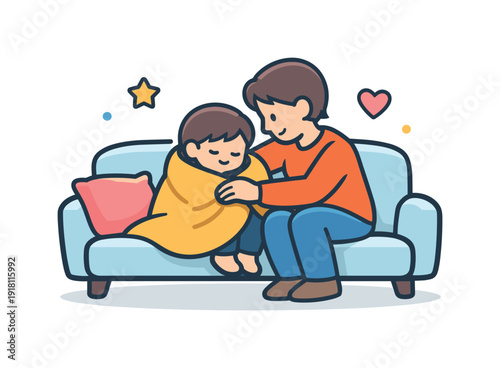 Everyday family care expressed through quiet supportive action in daily home life, a parent gently wrapping a child in a blanket while sitting on a