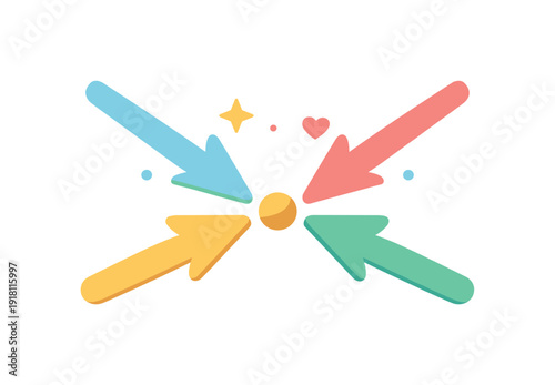 Soft convergence and gradual alignment in collaborative work where consensus forms without force or deadlines, several gentle arrows slowly meeting at