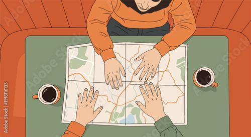 Overhead view of friends planning a trip together, looking at a map and drinking coffee at a table.