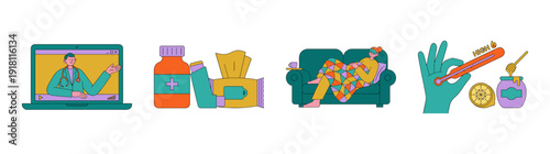 Flat Vector Flu and Cold Healthcare Element Kit for Telemedicine and Home Recovery Services