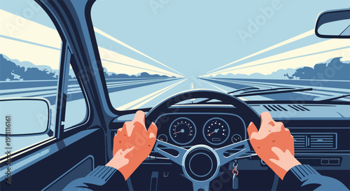 POV shot of hands on steering wheel driving on open road with blurred scenery indicating speed and freedom