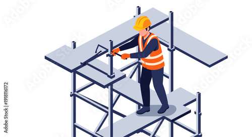 Construction Worker on Scaffolding with Tool.