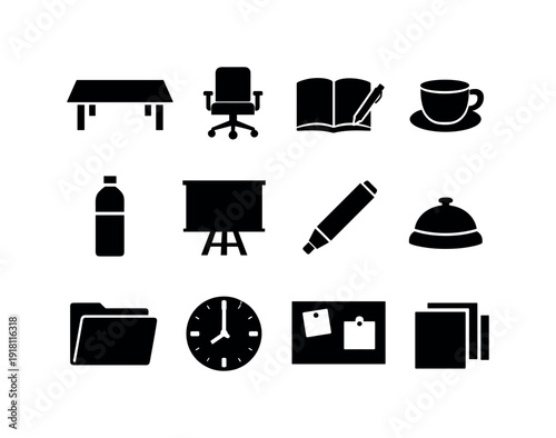 Brand architecture strategy meeting items in silhouette style: meeting table, chair, notebook, pen, coffee cup, water bottle, presentation board