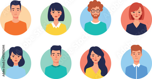 Collection of diverse cartoon profile avatars in circular frames Keywords: avatars, profile pictures, icons, people, men, women