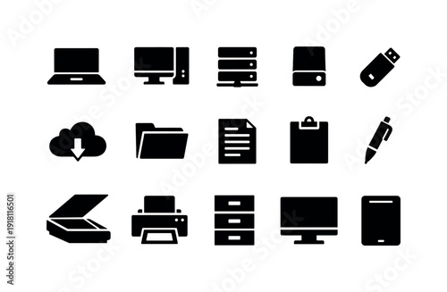 Digital Recordkeeping in silhouette style: laptop, desktop computer, server, external hard drive, USB drive, cloud storage icon, folder, document
