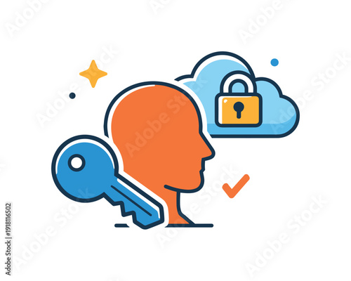 Personal data ownership and digital identity control for users navigating online platforms responsibly, a human profile paired with a key and a small