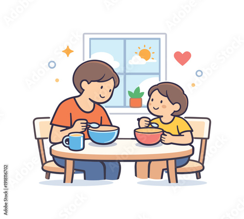 Quiet family morning at home focused on gentle togetherness and shared routine before daily activities, an adult and child sitting at a small kitchen
