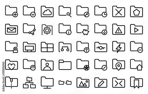 Digital data management and file folder icon collection. Heavyweight vector pictograms of cloud, search, share, lock, and mail in a bold thick outline style.